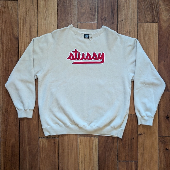 Stussy Off-White Crewneck Sweater with Red Logo - Picture 1 of 7